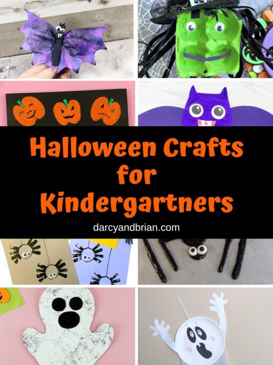 Collage image of eight different Halloween craft projects. Middle has orange text on black background that says Halloween Crafts for Kindergartners