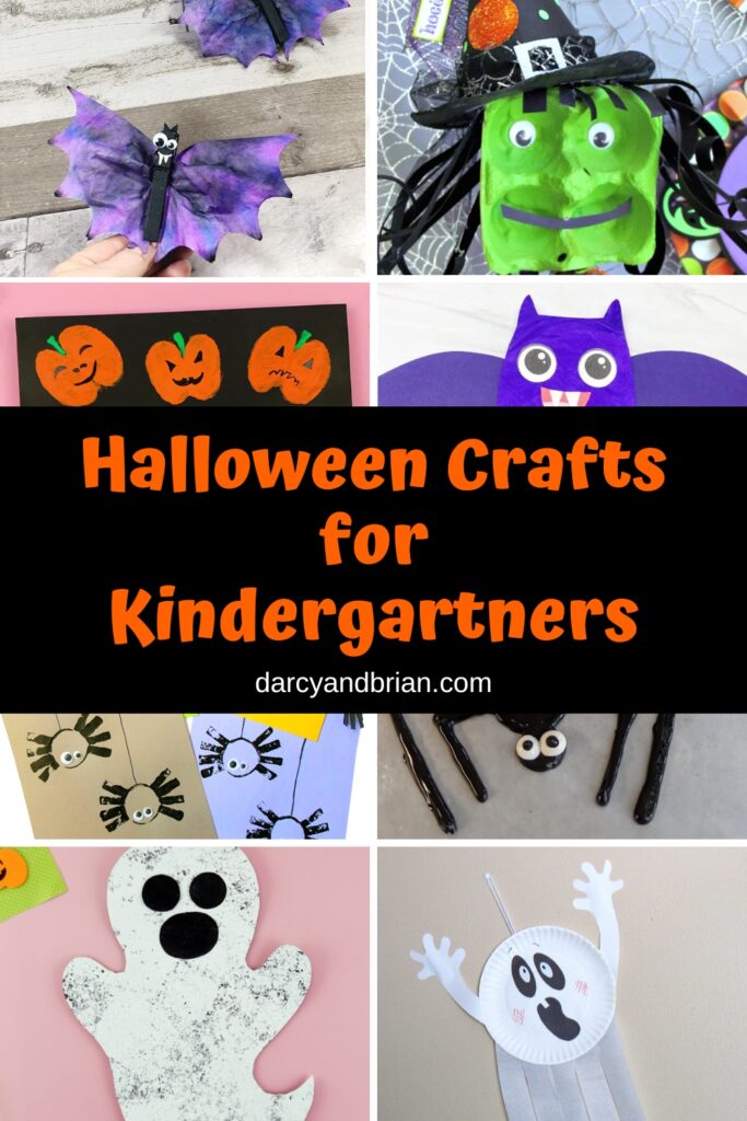Collage image of eight different Halloween craft projects. Middle has orange text on black background that says Halloween Crafts for Kindergartners
