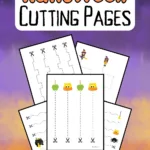 Orange and black text on white background near top says Halloween Cutting Pages. Digital preview of five pages fanned out on a purple and orange background.