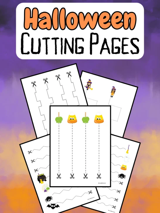 Orange and black text on white background near top says Halloween Cutting Pages. Digital preview of five pages fanned out on a purple and orange background.
