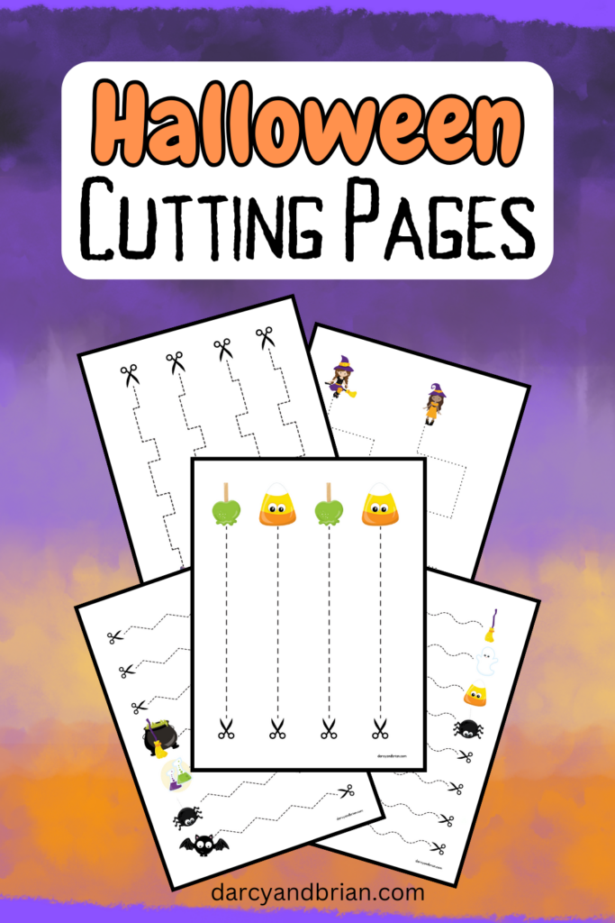 Orange and black text on white background near top says Halloween Cutting Pages. Digital preview of five pages fanned out on a purple and orange background.