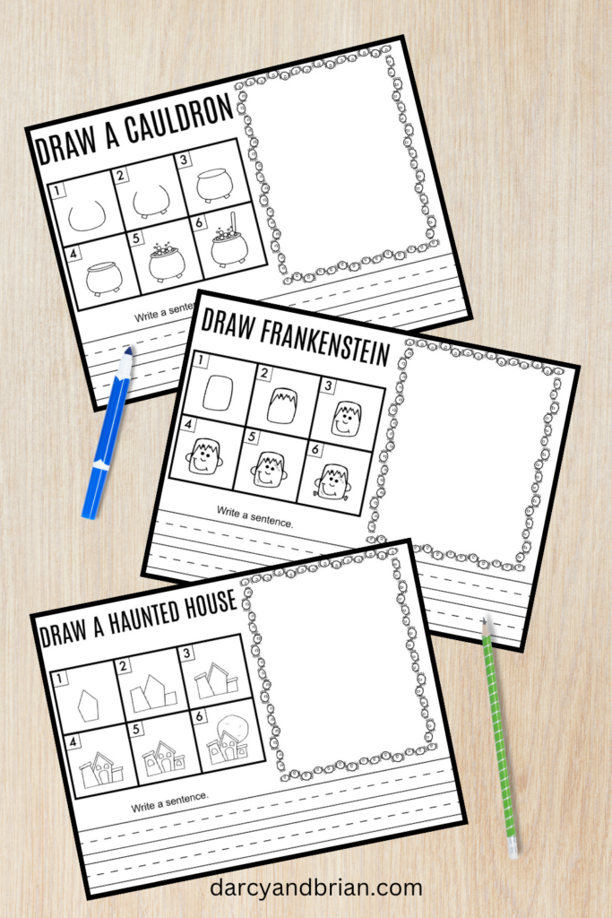 Mockup of three Halloween themed directed drawing pages overlapping each other on a desk background.