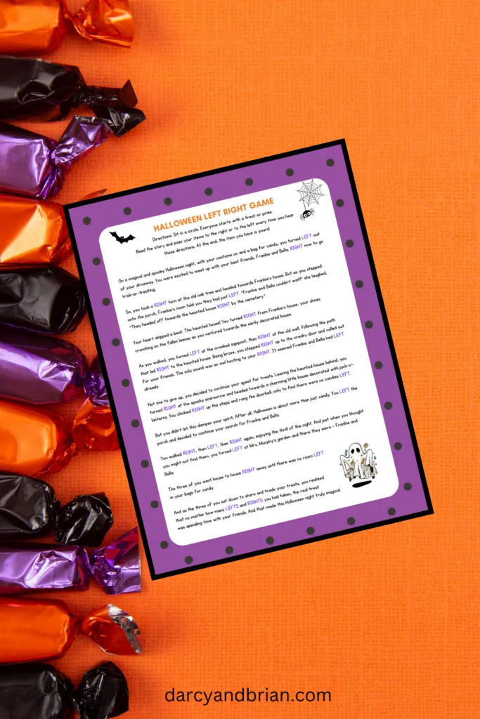 Digital preview of Halloween themed Left Right story game page on an orange background with wrapped candies along the left side.