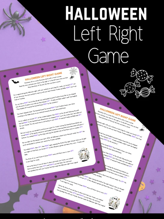 Mockup of Halloween Left Right Game on purple Halloween themed background.
