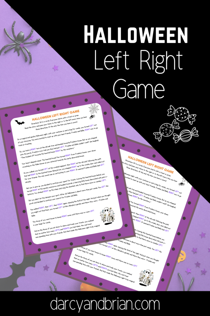 Mockup of Halloween Left Right Game on purple Halloween themed background.