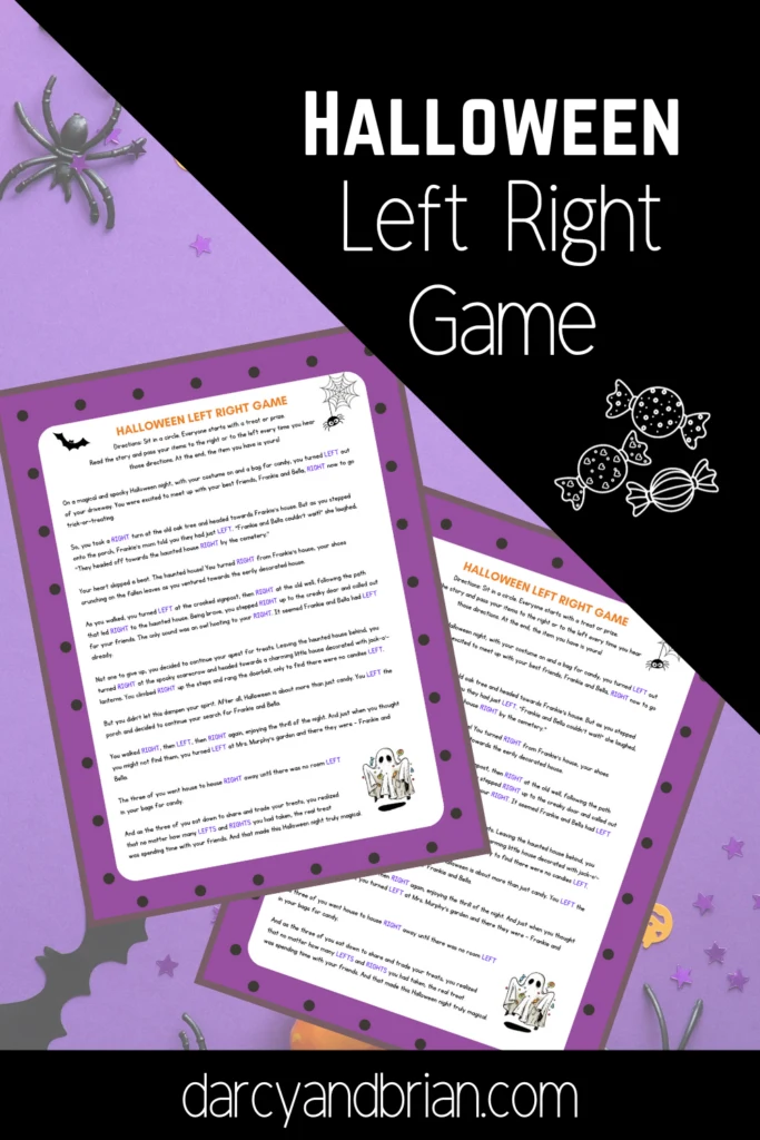 Mockup of Halloween Left Right Game on purple Halloween themed background.