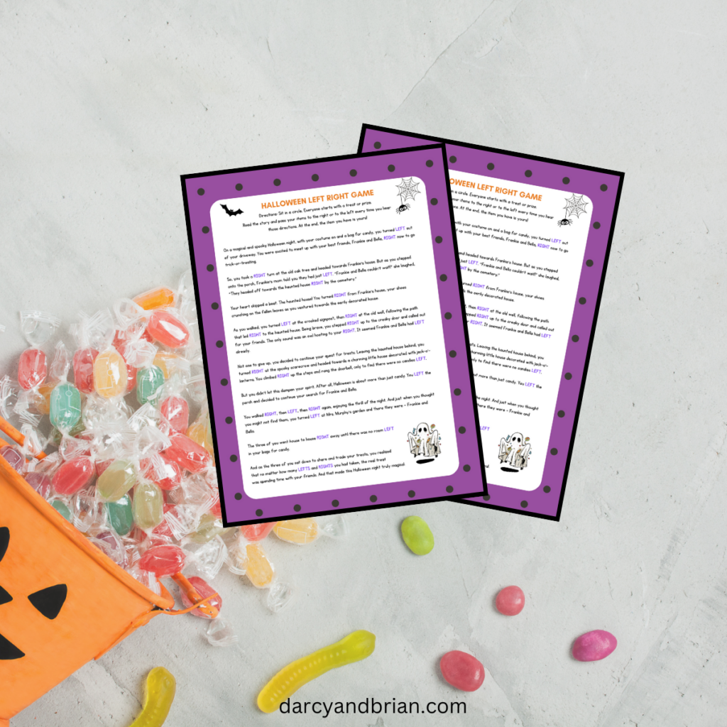 Mockup of Left Right Halloween Game pages overlapping each other on a background with candy spilling out of an orange jack-o-lantern bucket.