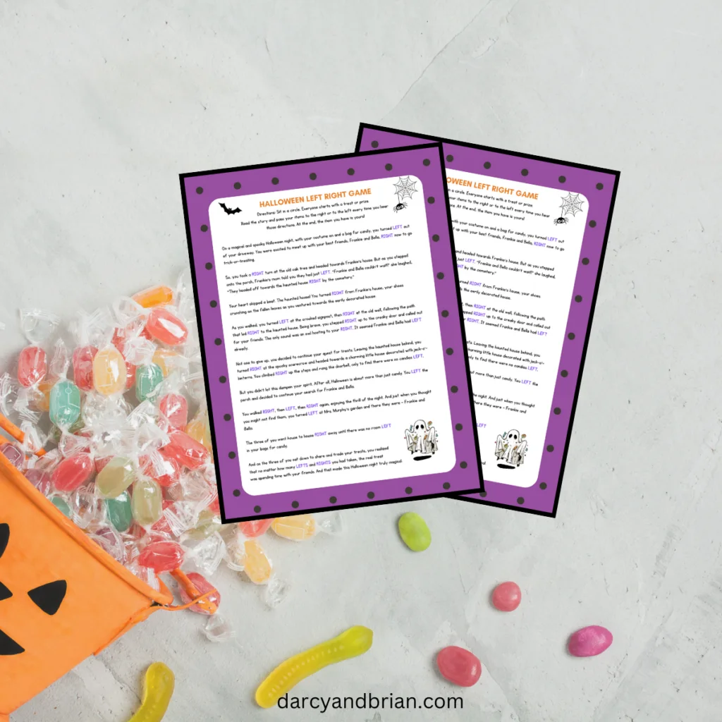 Mockup of Left Right Halloween Game pages overlapping each other on a background with candy spilling out of an orange jack-o-lantern bucket.