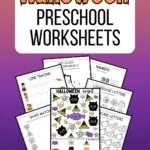 Digital preview of seven pages from the printable pack. Top of image says Halloween Preschool Worksheets in orange and black text on a white rounded rectangle. Background is an orange and purple gradient.