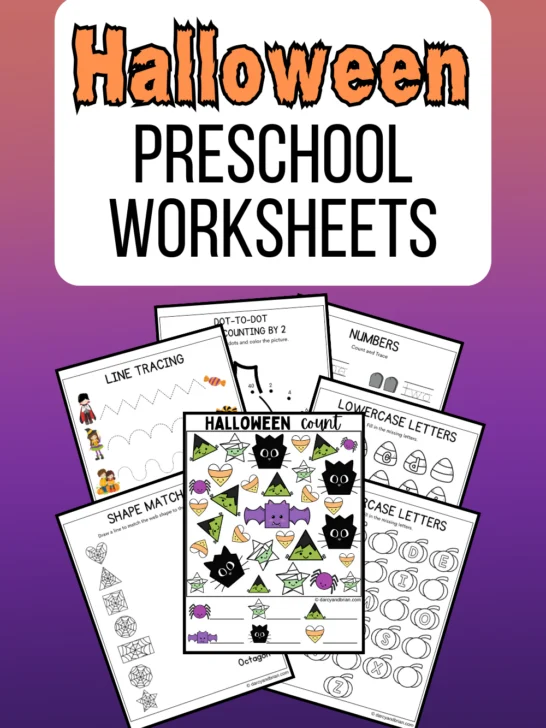 Digital preview of seven pages from the printable pack. Top of image says Halloween Preschool Worksheets in orange and black text on a white rounded rectangle. Background is an orange and purple gradient.