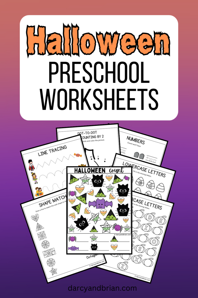 Digital preview of seven pages from the printable pack. Top of image says Halloween Preschool Worksheets in orange and black text on a white rounded rectangle. Background is an orange and purple gradient.