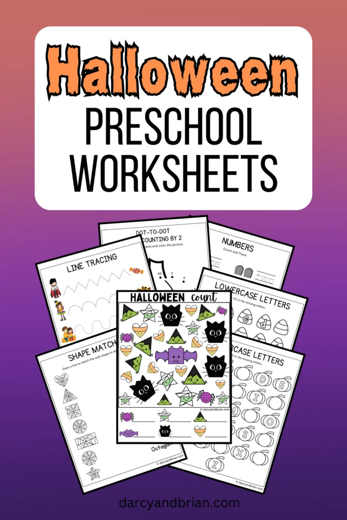 Digital preview of seven pages from the printable pack. Top of image says Halloween Preschool Worksheets in orange and black text on a white rounded rectangle. Background is an orange and purple gradient.