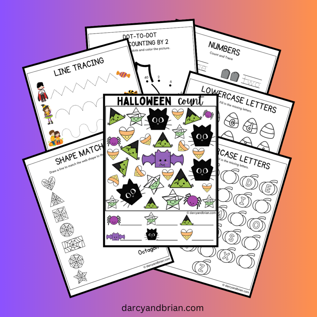 Preview of seven of the Halloween preschool worksheet pages fanned out over a purple to orange gradient background.