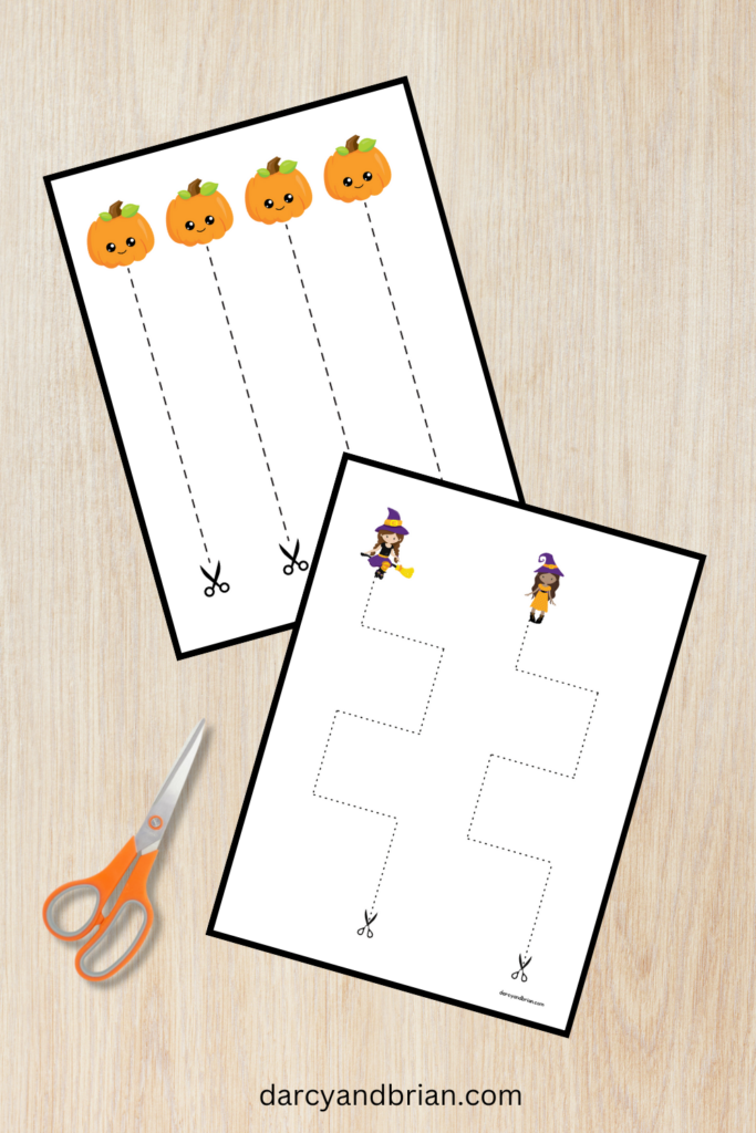 Two pages of scissor cutting activities shown. One page has pumpkins and straight lines and the other has witches with a box like path.