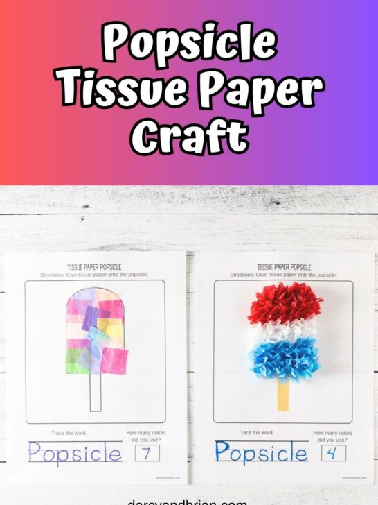 White text on red and purple gradient background at the top says Popsicle Tissue Paper Craft. Below is an overhead photo of two completed tissue paper popsicles. Left one is a variety of colors glued on flat. Right one is red, white, and blue with a textured look with paper sticking up.