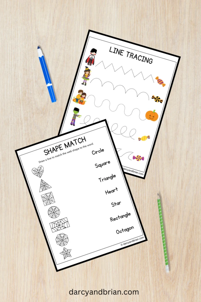 Line tracing worksheet with different wavy and curvy lines between Halloween themed images. Other page has different spider web shapes and draw a line to the matching shape word.