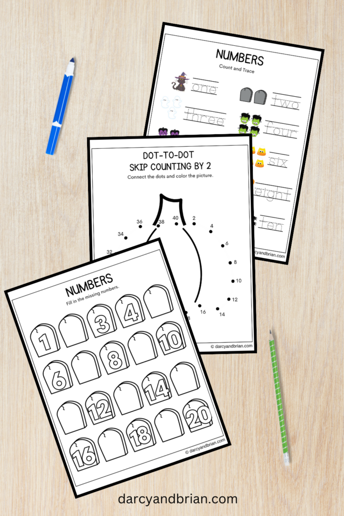 Mockup showing three worksheets for working on number skills. Write in missing numbers, dot to dot picture, and tracing number words.