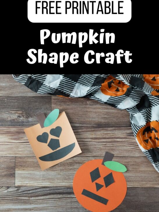 Top of image has white text on black background that says Free Printable Pumpkin Shape Craft. Under text is a a square shaped pumpkin and circle shaped pumpkin made with paper.