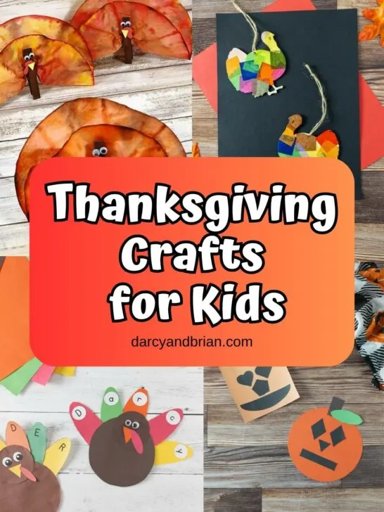 Collage of four different Thanksgiving crafts for kids to make. 3 of the crafts are turkeys and one is a pumpkin craft.