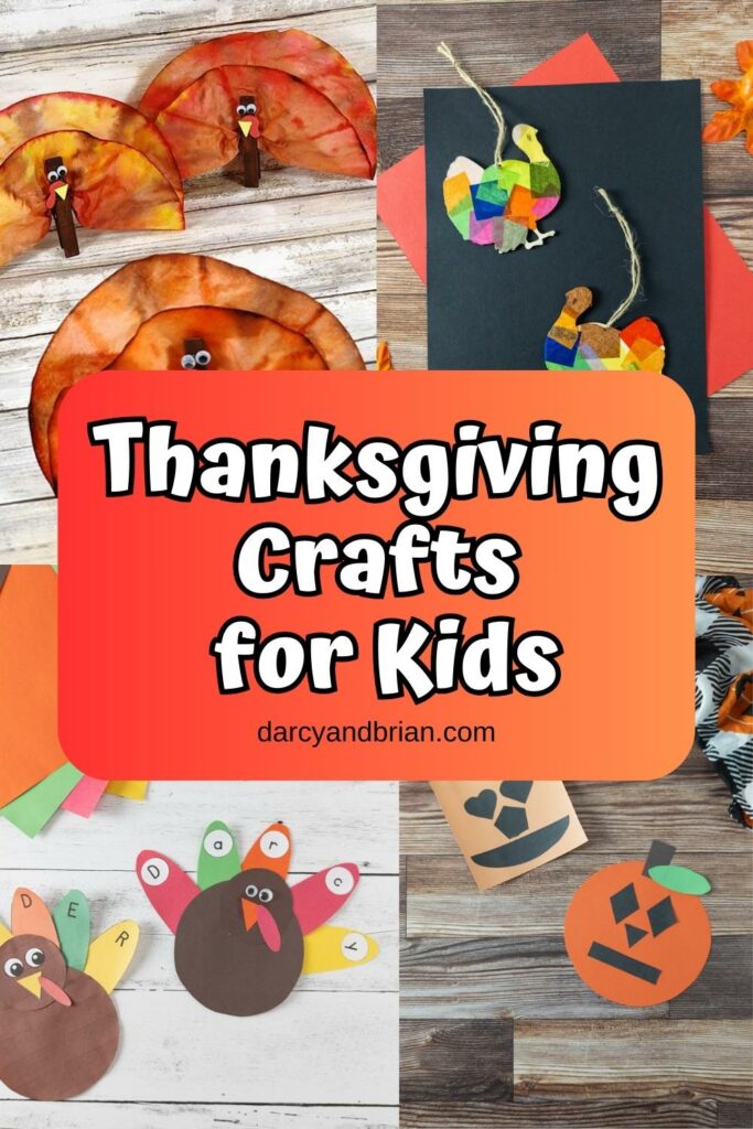 Collage of four different Thanksgiving crafts for kids to make. 3 of the crafts are turkeys and one is a pumpkin craft.