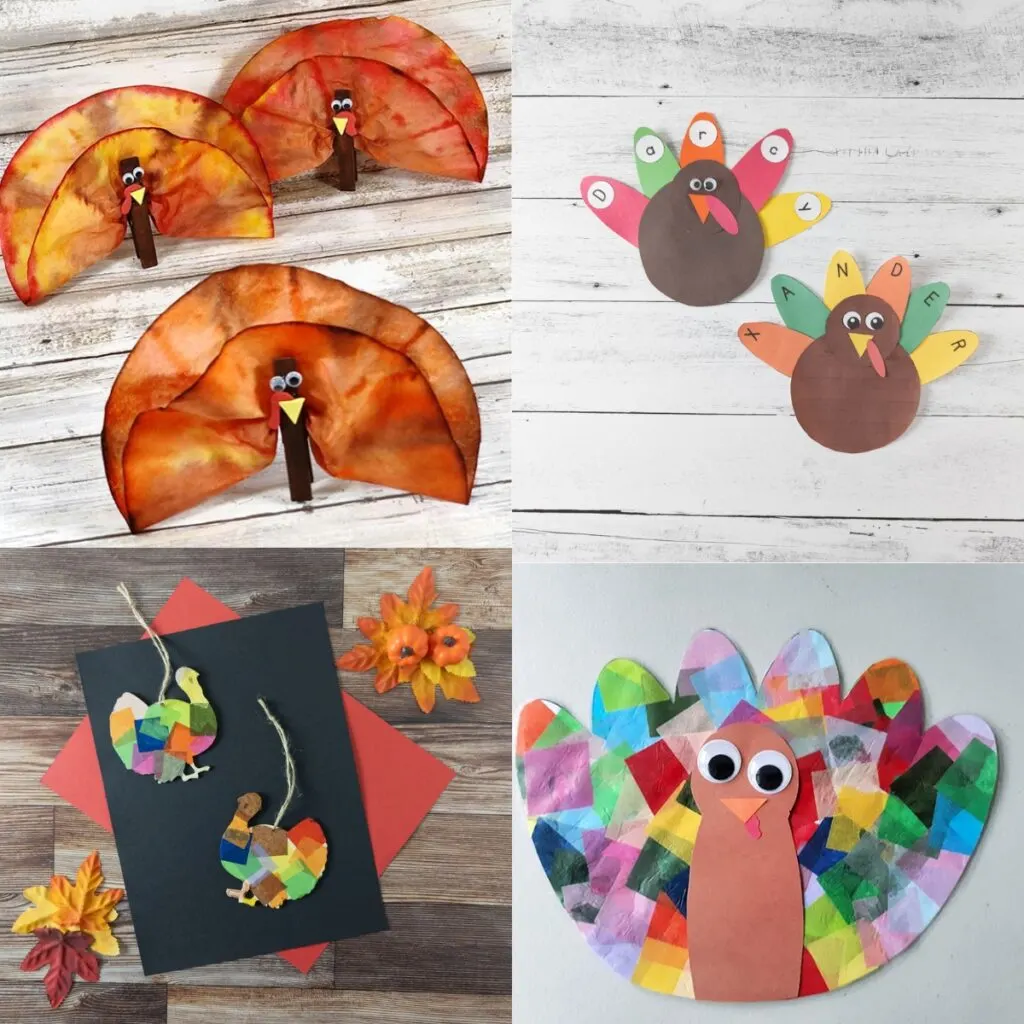 Collage of four different turkey craft projects for kids to make.