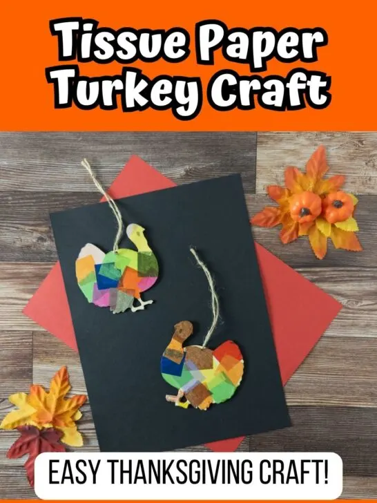 White text with black outline on an orange background at the top says Tissue Paper Turkey Craft. Photo of two completed turkey ornament crafts on black and red construction paper. Bottom text says easy Thanksgiving craft.