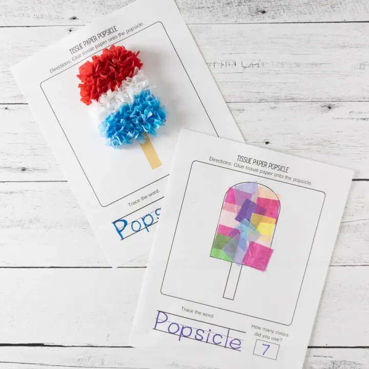 Two finished popsicles made out of tissue paper. One is multi-colored with tissue paper glued down flat. The other looks like an iconic popsicle type and is sticking out with a 3D effect.