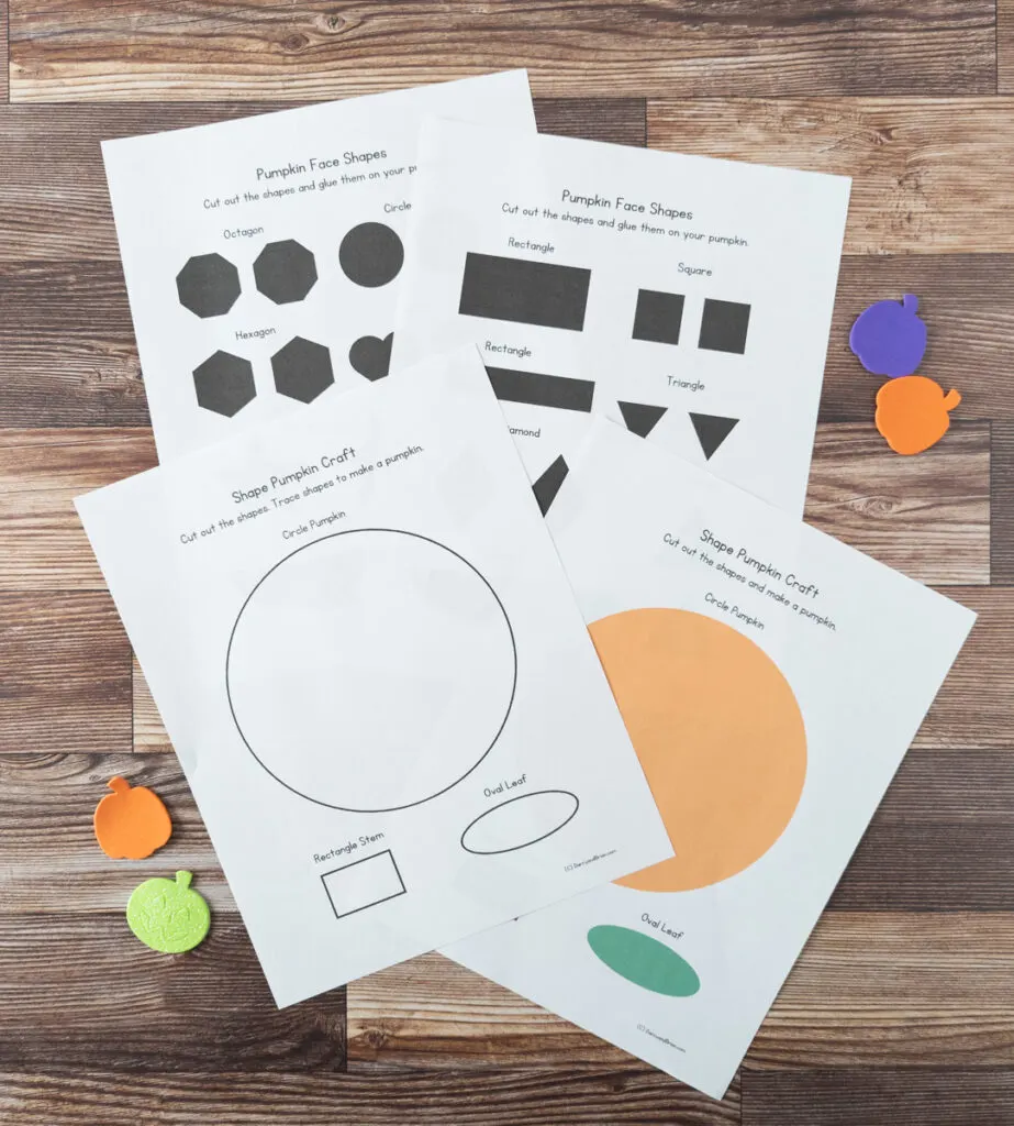 Pages for circle pumpkin shape printed out in both full color and black and white versions. Two pages with small shapes for facial features also printed out.