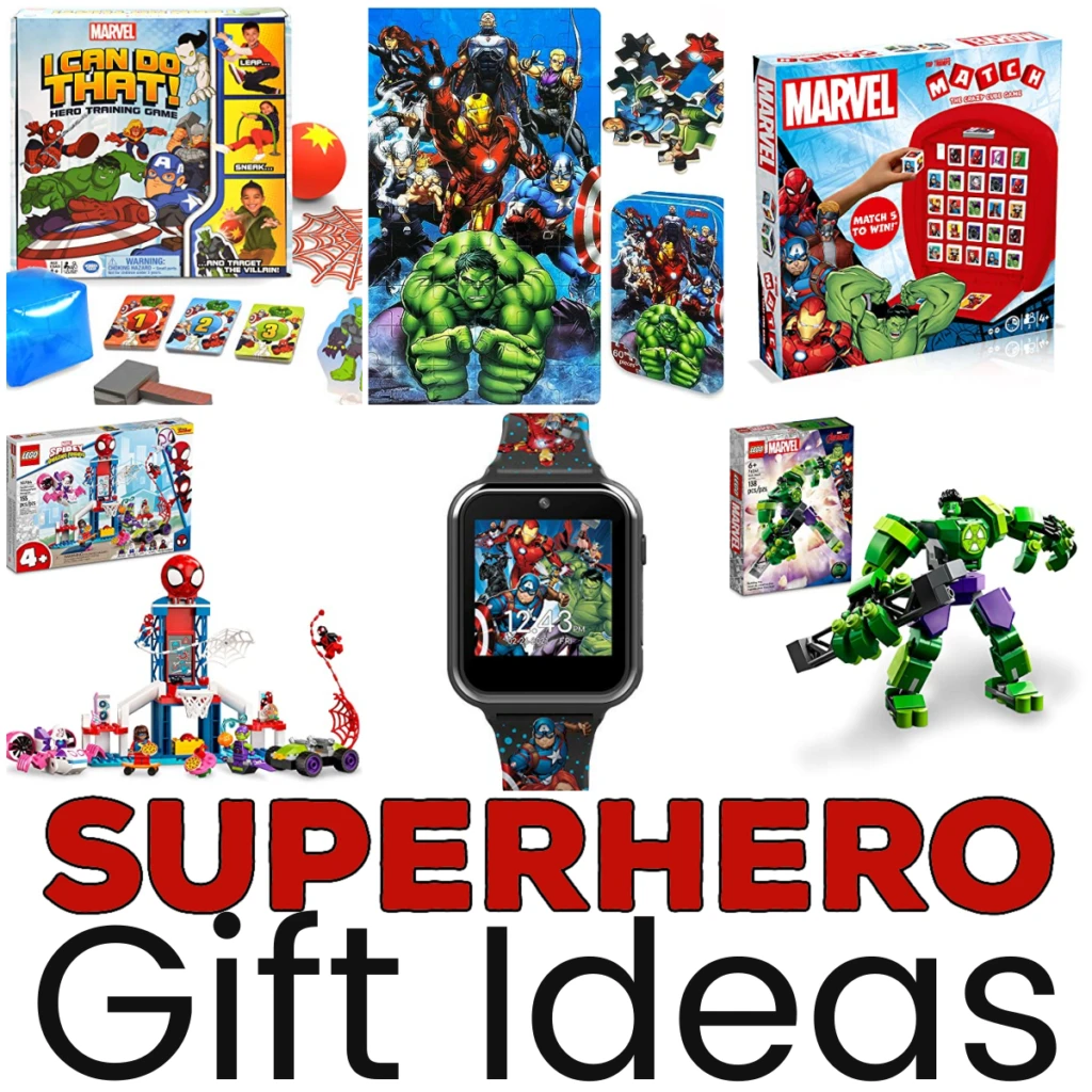 Square image collage of a variety of superhero toys and games for kids. Bottom says Superhero Gift Ideas in red and black text on white background.