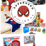 Collage of different superhero themed products that make good gifts for kids.