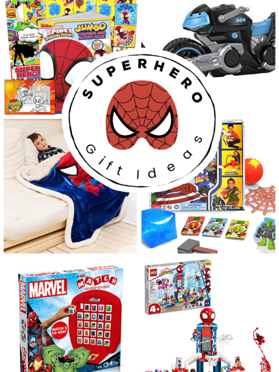 Collage of different superhero themed products that make good gifts for kids.