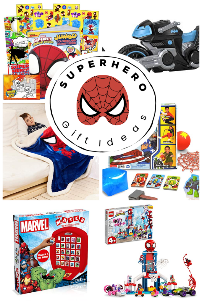 Collage of different superhero themed products that make good gifts for kids.