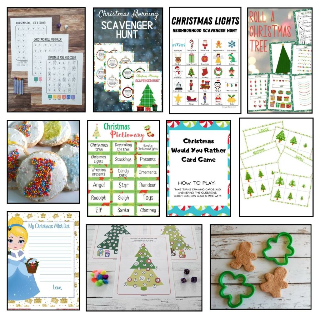 Collage of eleven different Christmas activities for kids. Many are printable worksheets or games, plus Christmas cookies, and gingerbread scented playdough.