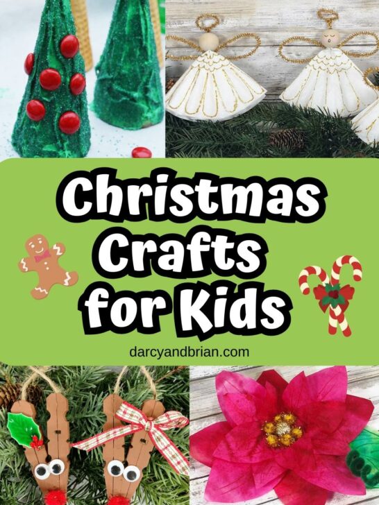 Images of four different Christmas crafts around green rectangle in the middle with white text that says Christmas Crafts for Kids.