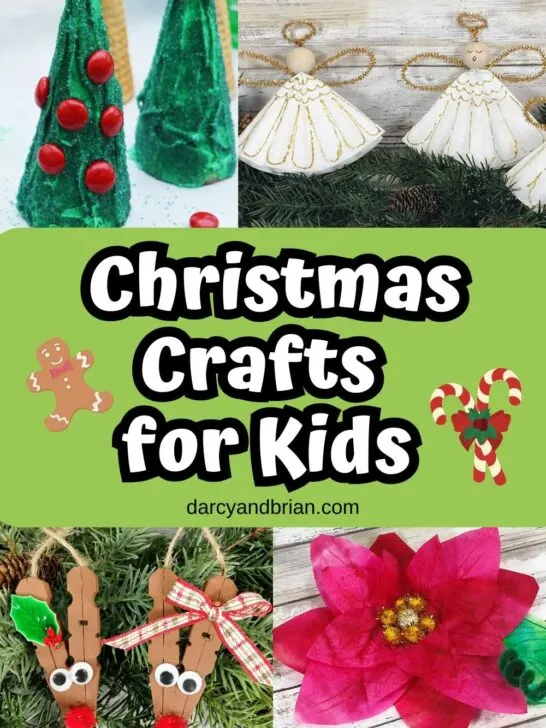 Images of four different Christmas crafts around green rectangle in the middle with white text that says Christmas Crafts for Kids.
