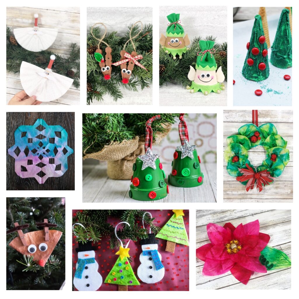 Collage of ten different Christmas crafts kids can make at home or school.