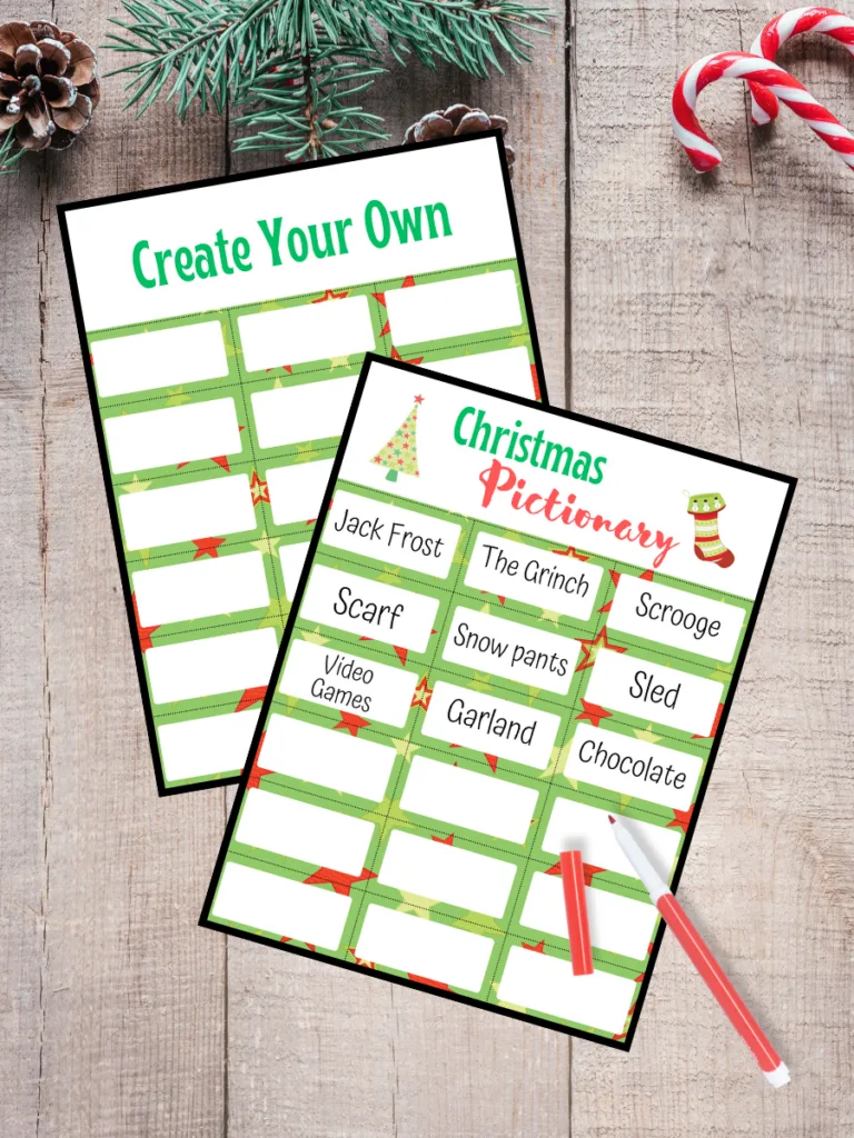 Mockup of two pages from Christmas Pictionary game. One page is for create your own cards.