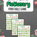 Green text on white background at top says Christmas Pictionary Printable Game. Below that is a digital preview of three pages of word cards on a Christmas themed background.