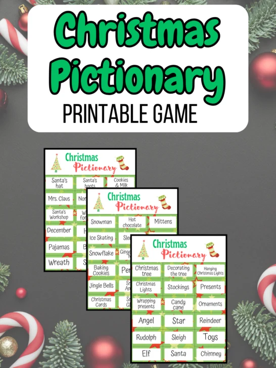 Green text on white background at top says Christmas Pictionary Printable Game. Below that is a digital preview of three pages of word cards on a Christmas themed background.