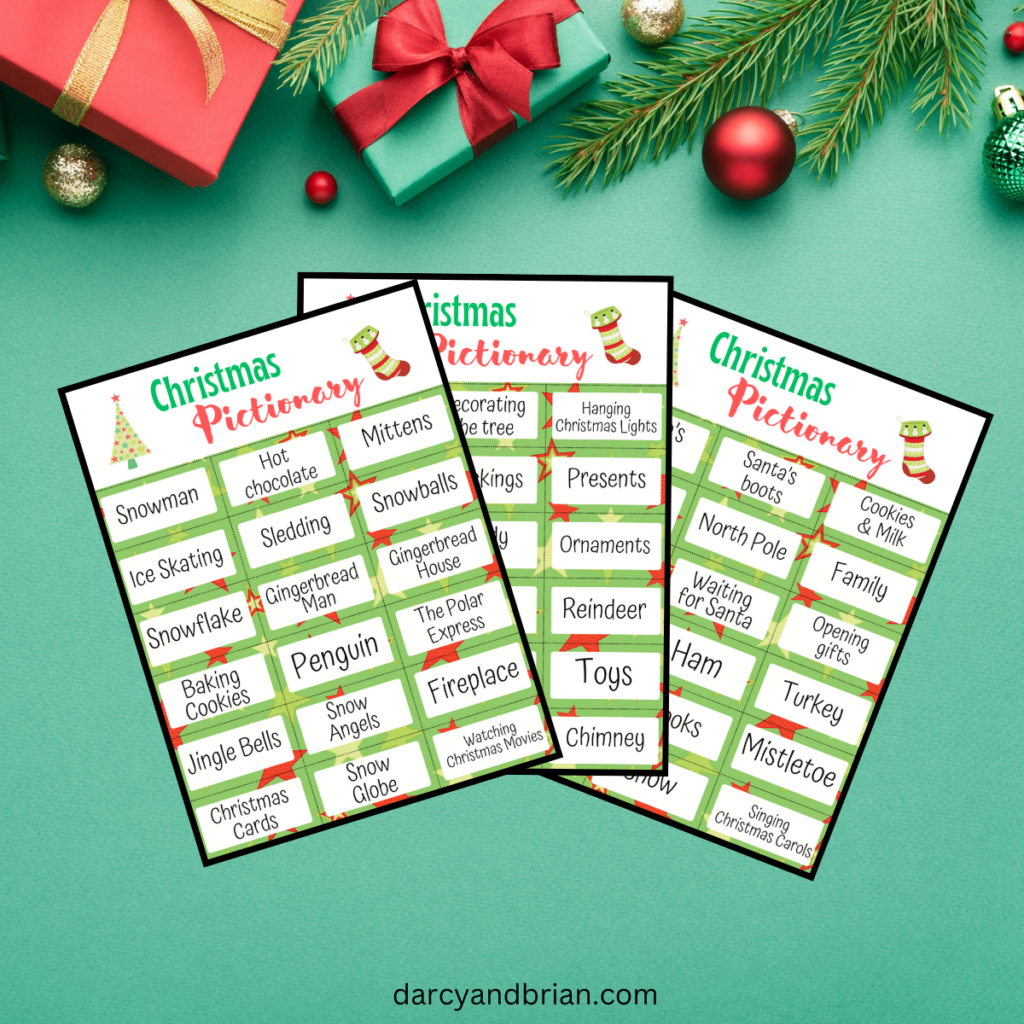 Preview images of three pages of Christmas edition of printable Pictionary cards on a green holiday background.