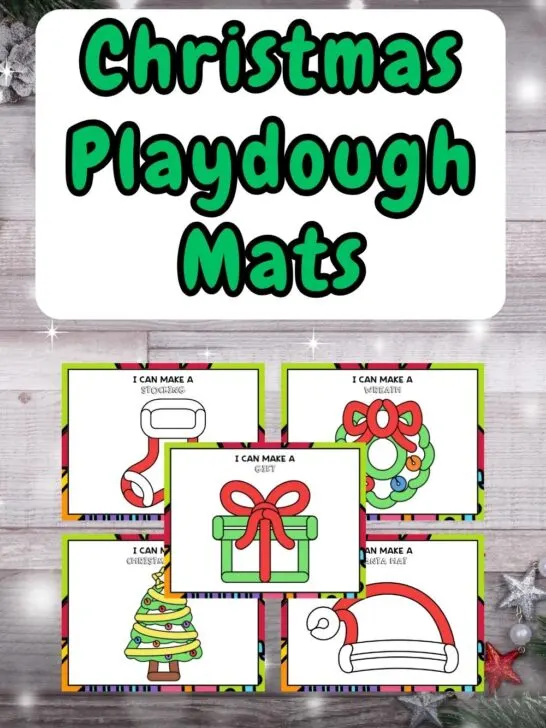Preview of five printable playdough mats with Christmas themed patterns. Above the preview pages, Green text on a white box says Christmas Playdough Mats.