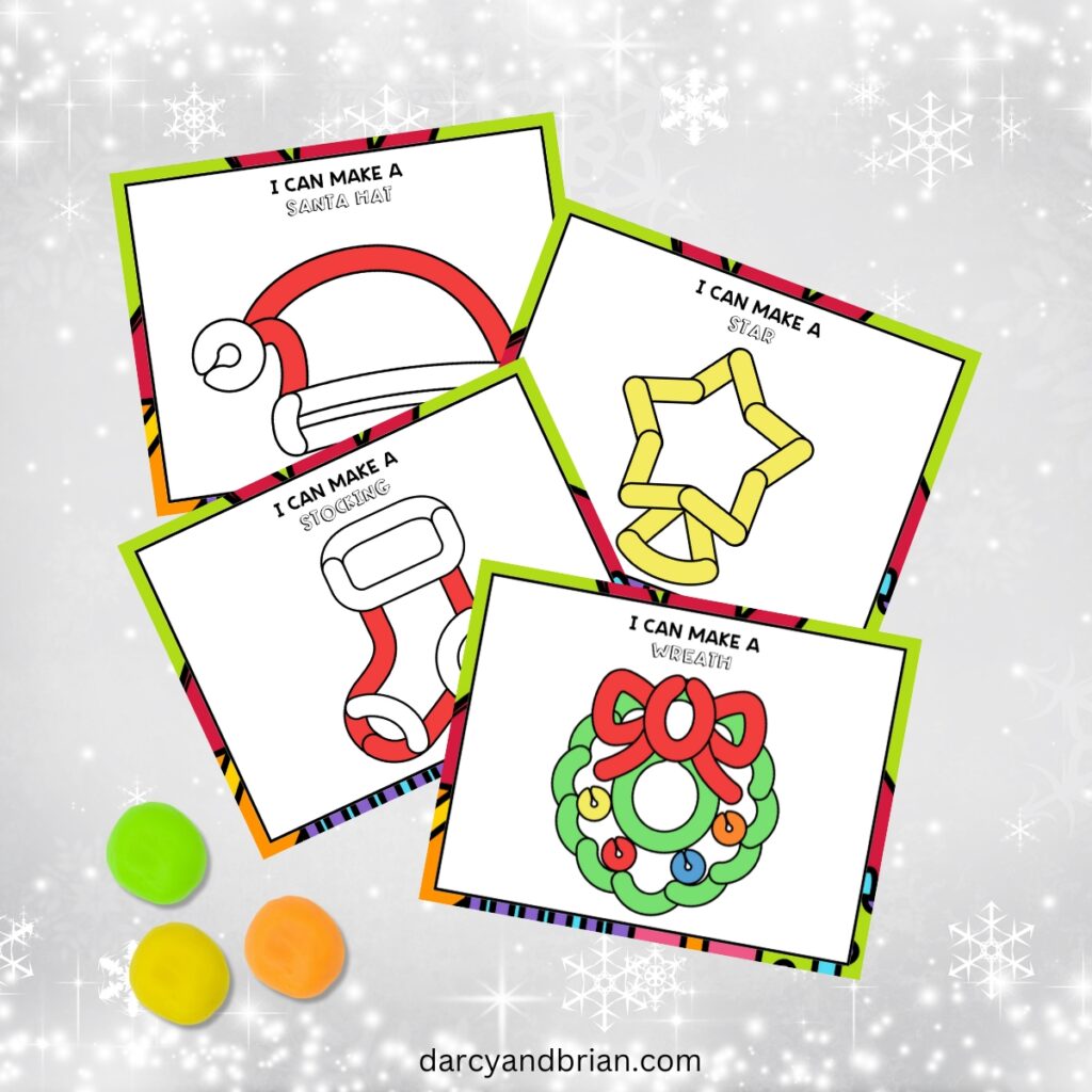 Four pages of holiday playdough mats on a snowy stylized background. The mats include a Santa hat, star, stocking, and wreath.