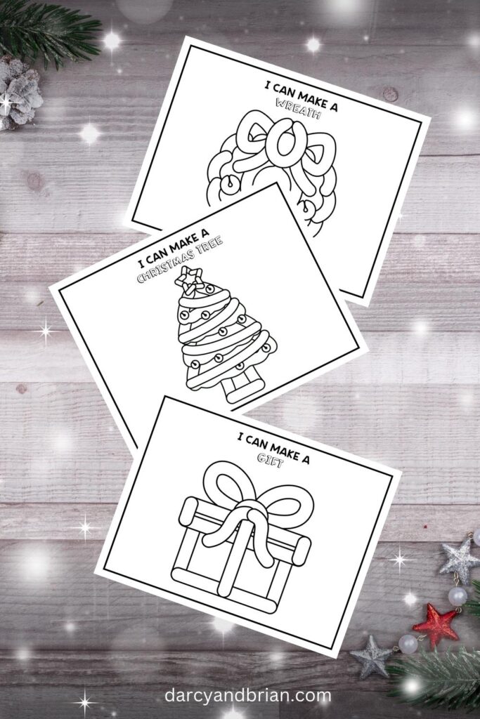 Digital mockup of three black and white versions of the gift, tree, and wreath playdough mats.