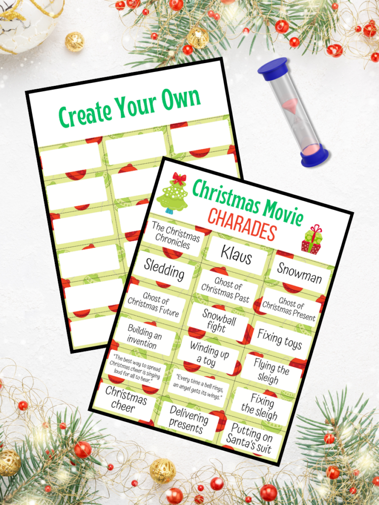 Digital mockup of Christmas movie charades printable cards on Christmas themed background.