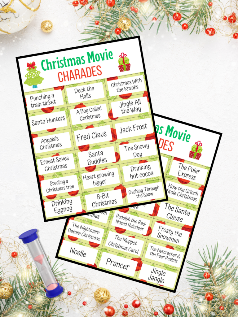 Mockup of two pages from Christmas movie charades printable game overlapping on a holiday background and a sand timer.