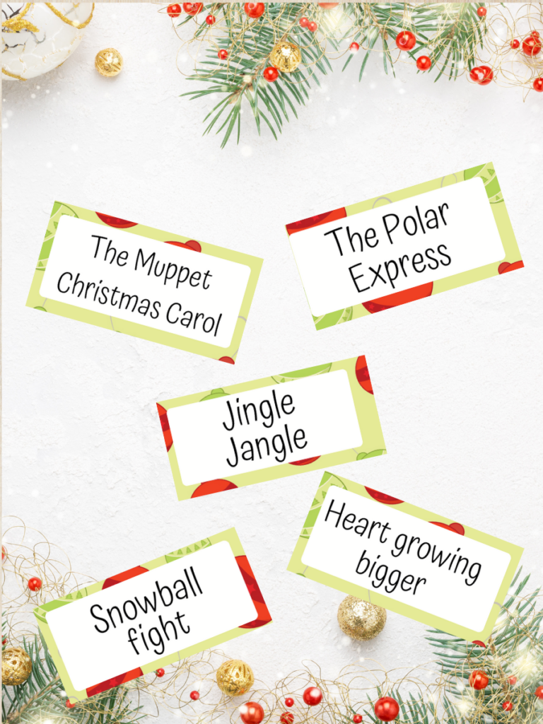 Mockup of five charades cards with Christmas movie prompts.