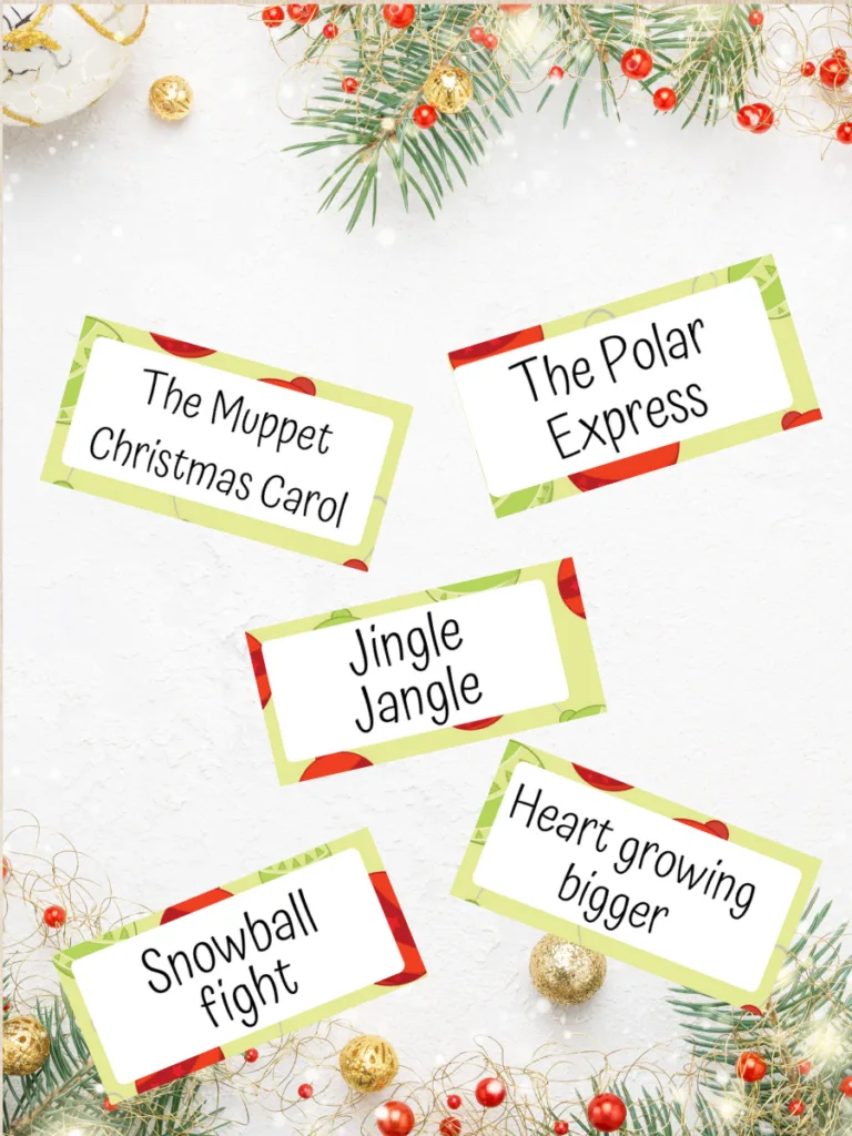 Mockup of five charades cards with Christmas movie prompts.