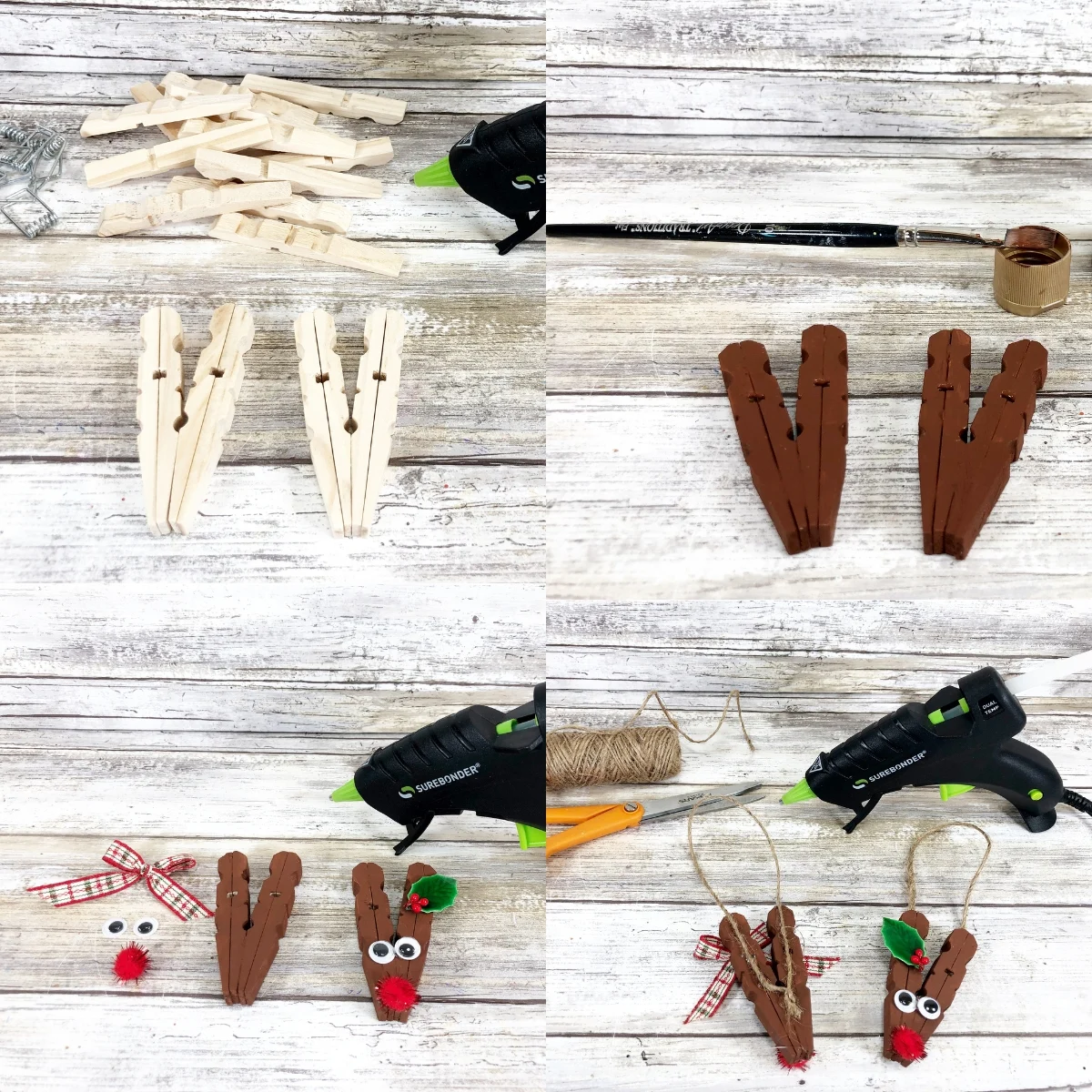Image collage showing four main steps to making reindeer with clothespins. How to take clothespins apart and arrange them. Painting them brown. Gluing on eyes and nose. And adding twine to the back.