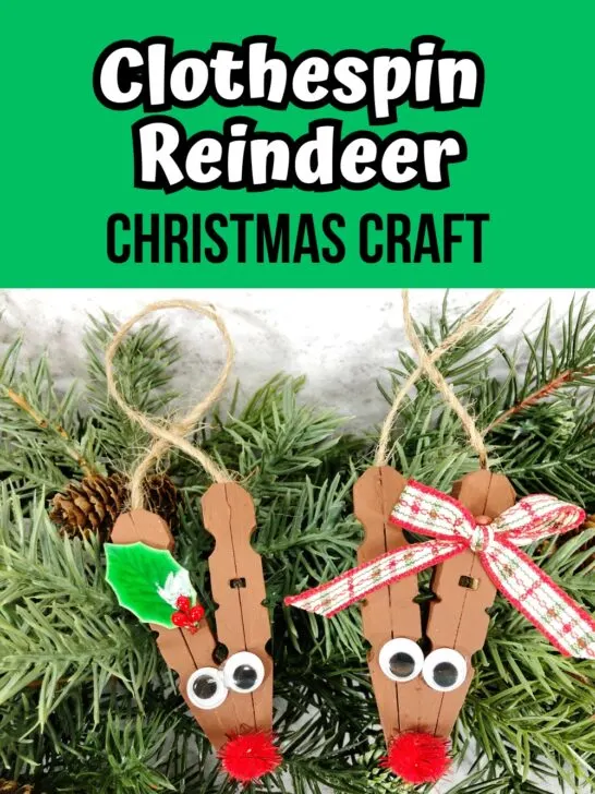 White and black text on green background at the top says Clothespin Reindeer Christmas Craft above photo of two finished reindeer made out of clothespins.