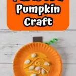 White text on orange background says Parts of a Pumpkin Craft. A finished pumpkin craft using paper plate, yarn, and seeds looks like a cross section of a pumpkin.